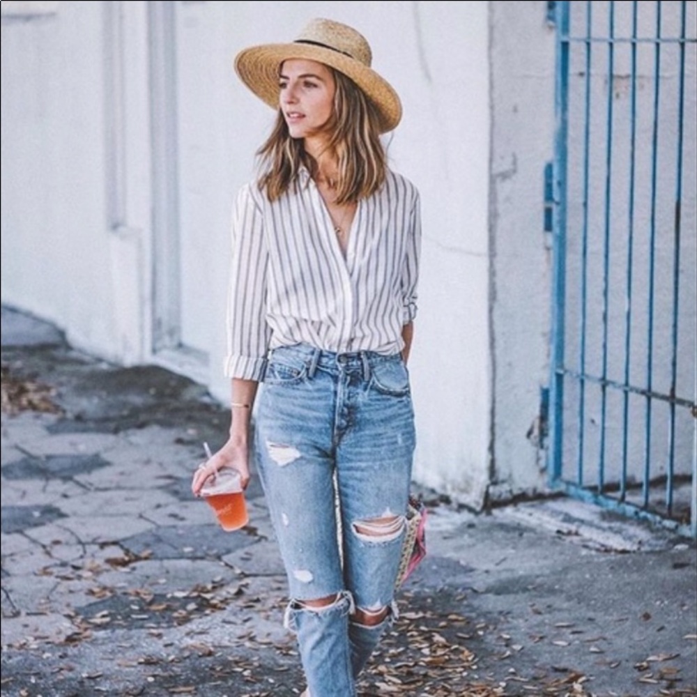 PAIGE White and Blue Striped Button Down Shirt
